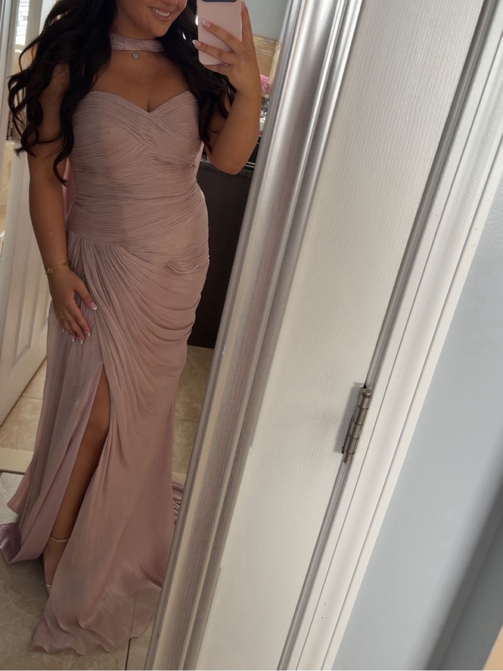 Mauve Blush Ruched Prom Gown with Thigh Slit